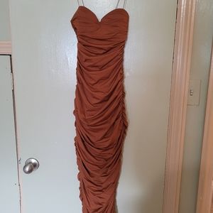 OhPolly Brown Midi Dress with ruching, thin straps and zipper